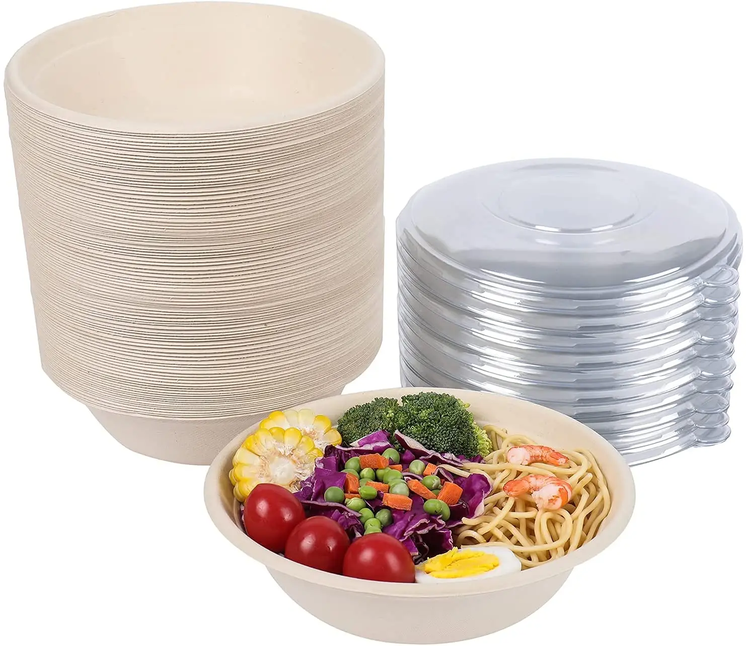 100% composable party bagasse pulp salad bowl 12oz 16oz 24oz 32oz hot/cold resistant sugarcane fiber bowl with lid heavy duty