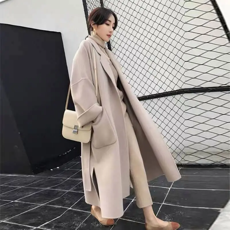 Wholesale Women Autumn Winter Wool Maxi Coat with Belt Lapel Solid Color Loose Cardigan Ladies Elegant Long Coat