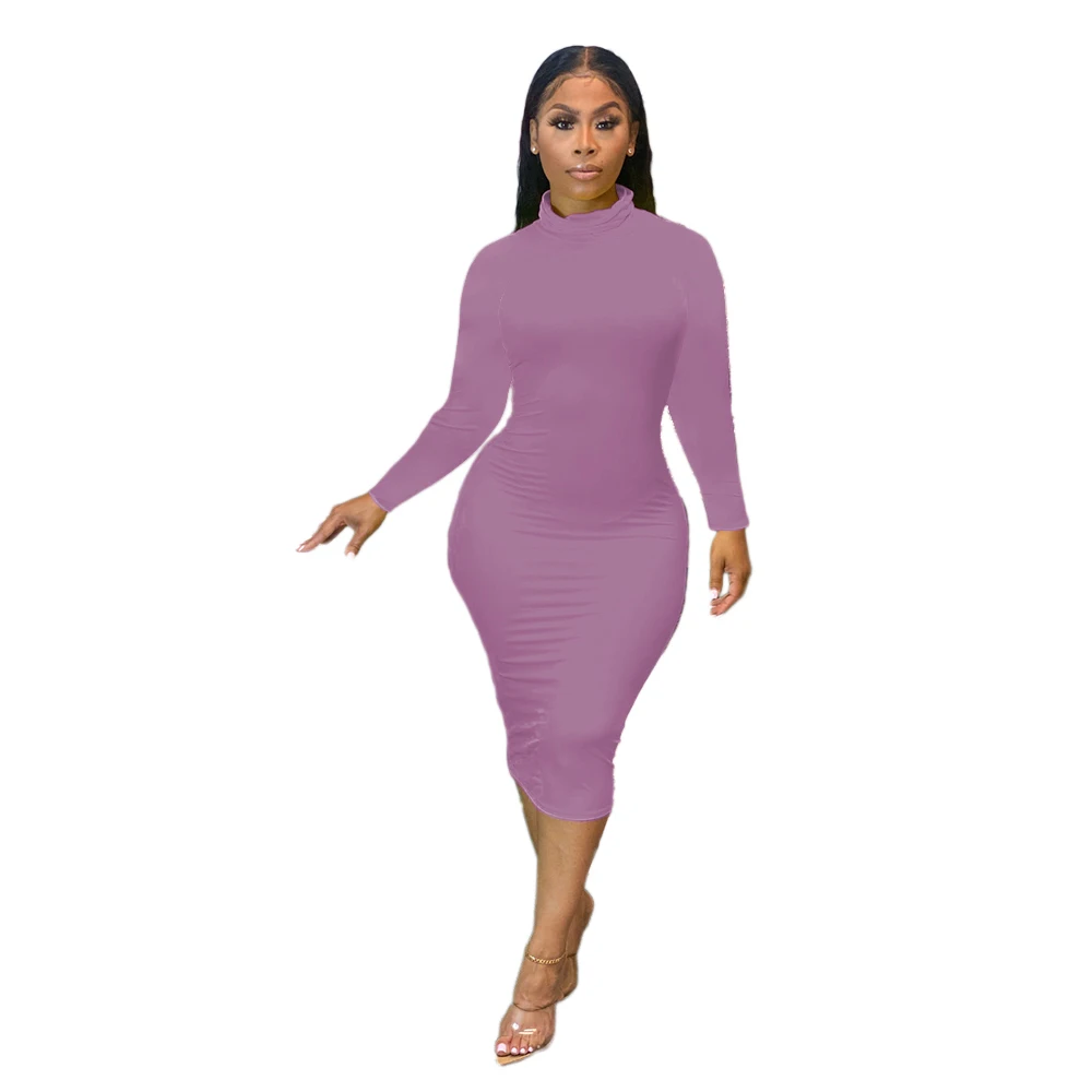 Sh7211 Simple Fashion Ladies Elegant Casual Dresses High Collar Solid Color Dresses Women Clothing