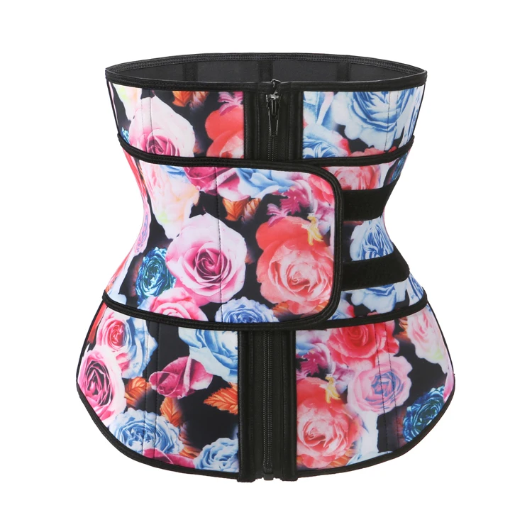 Private Label Women One Belt Floral Neoprene Waist Cincher Front Zipper Workout Fitness Plus Size Corset Waist Trainer Belt