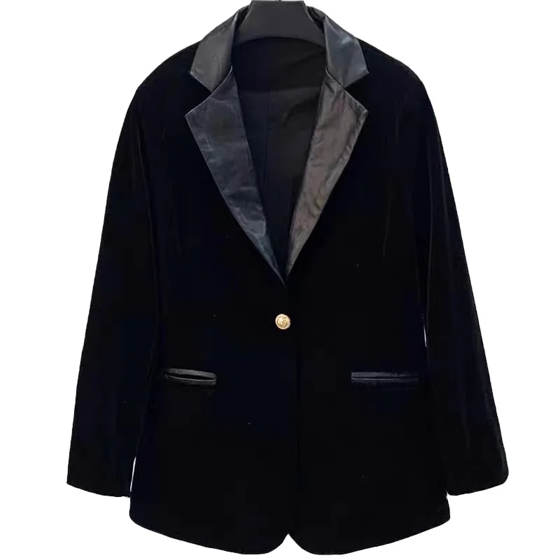 2021 New Short sheep leather spliced gold velvet suit for leisure