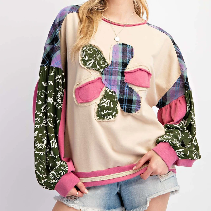 Long Bubble Sleeves Contrast Patches Crew Neck Sweatshirt Top Frayed Rose Flower Patch Top Multi Color Floral Patchwork Top