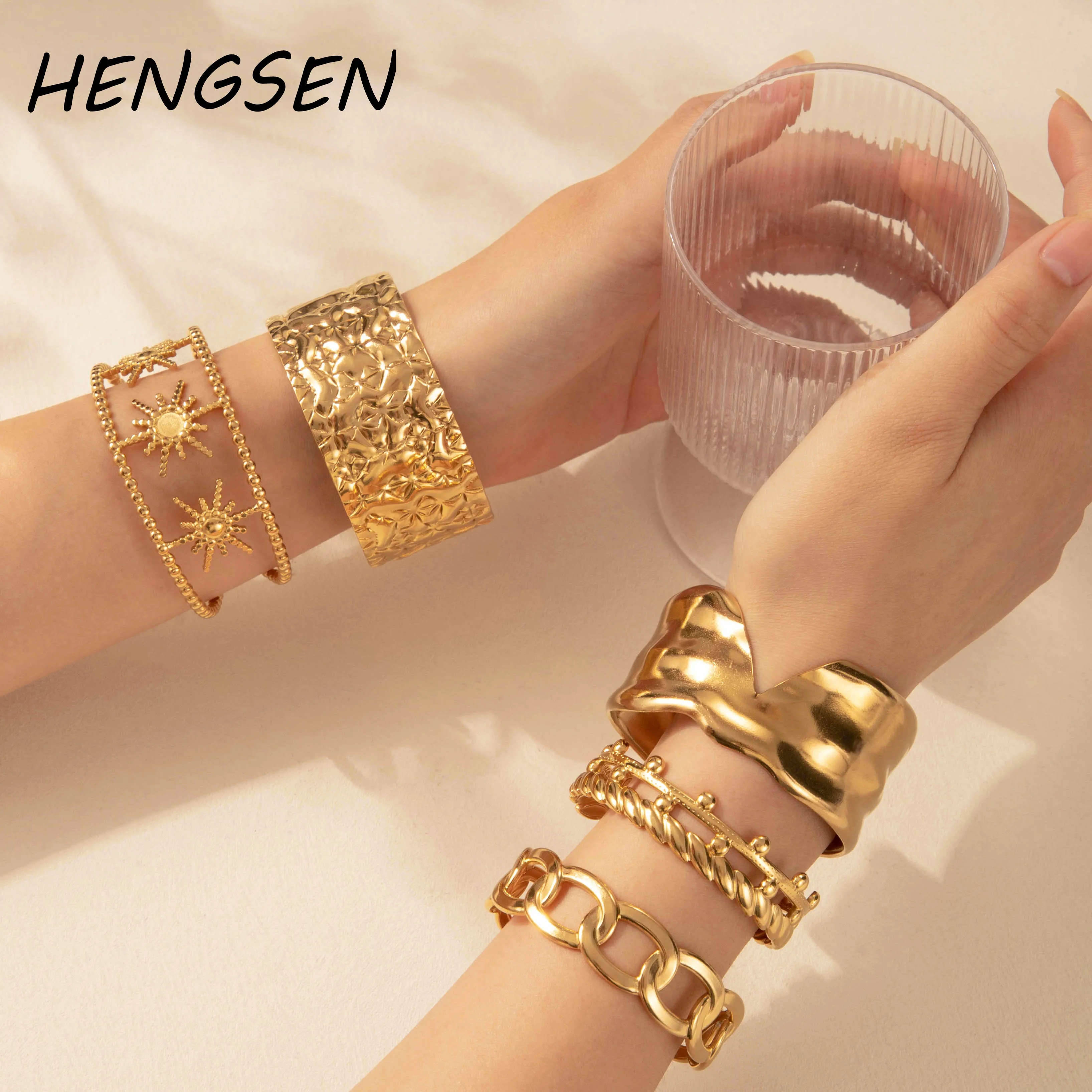 HENGSEN Mix оптовая продажа 18K золото ювелирные изделия из нержавеющей стали манжеты браслет женские открытые широкие браслеты на запястье