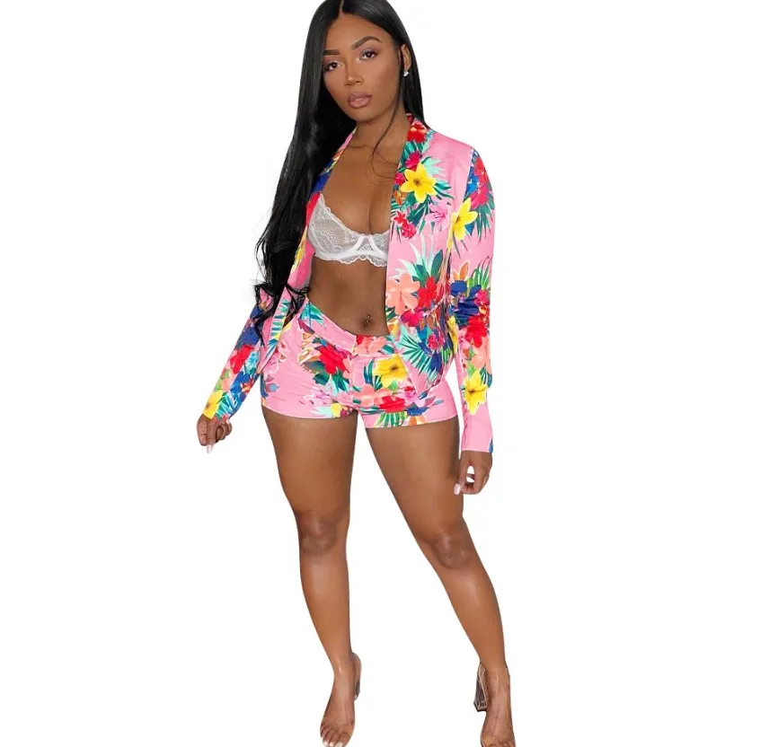 
2021 summer clothing plus size 3xl 4colors ol office ladies flora blazer + shorts two piece outfit blazer women suit 