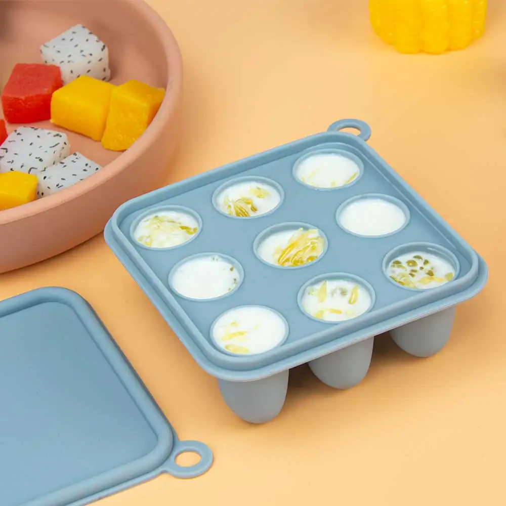 9 Portions Baby Fruit Food Feeder BPA Free Baby Food Vegetable Fruit Puree Breast Milk Silicone Ice Cube Freezer Tray with Lid