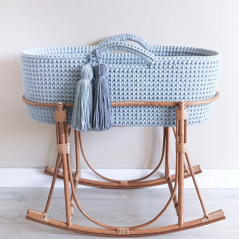 Nuohui Foldable crochet baby changing basket Handle for Newborn Nursery Moses Baskets Diaper Changing With Mattress