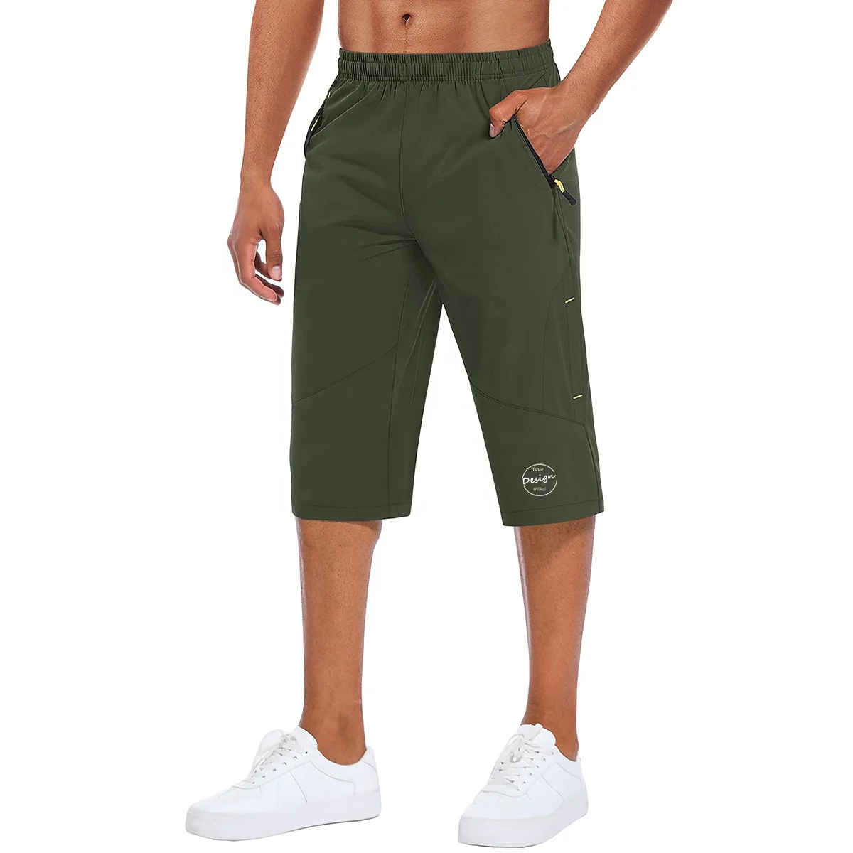 High Quality Casual Loose Fit Lightweight Elastic Waist Straight-Leg Zipper Pockets Capri Pants Men Leisure Wear