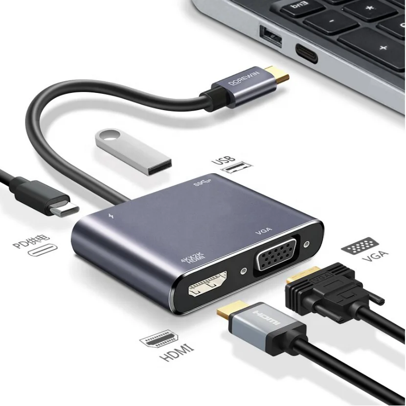 
Type C 4 In 1 Type-C Cable Hub Usb 3.1 HDIM-Compatible Vga Pd Adapter Docking Station For Pc And Huawei Matebook And More 
