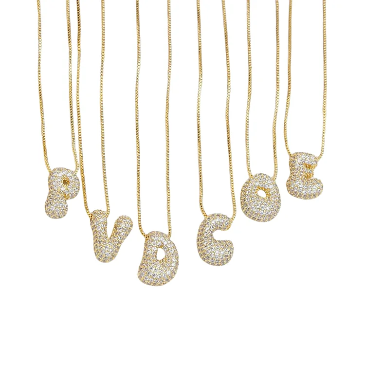 NZ1586 18K Gold Plated Relaxed Iced Out CZ Paved Studded Diamond Bubble Puffy Puff Letter Initial Charm Chain Necklace for Women