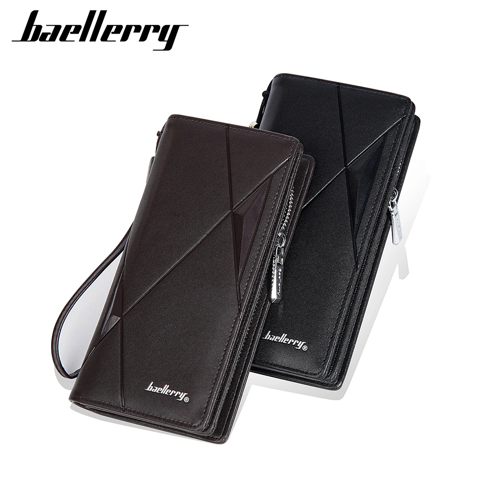 Baellerry Man Business Zipper Clutch Purse Men Black Long Leather Card Holder Wallet with Money Clip