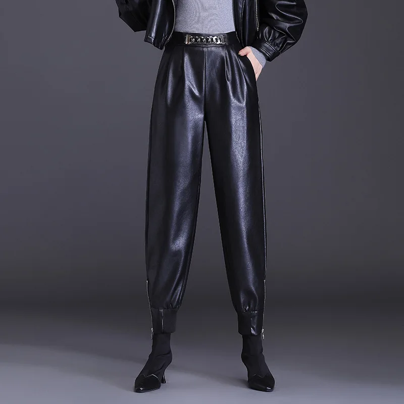 Korean Style Women Fashion PU Leather Ankle Banded Pants Elastic Ninth-pants Harem Trousers 2024
