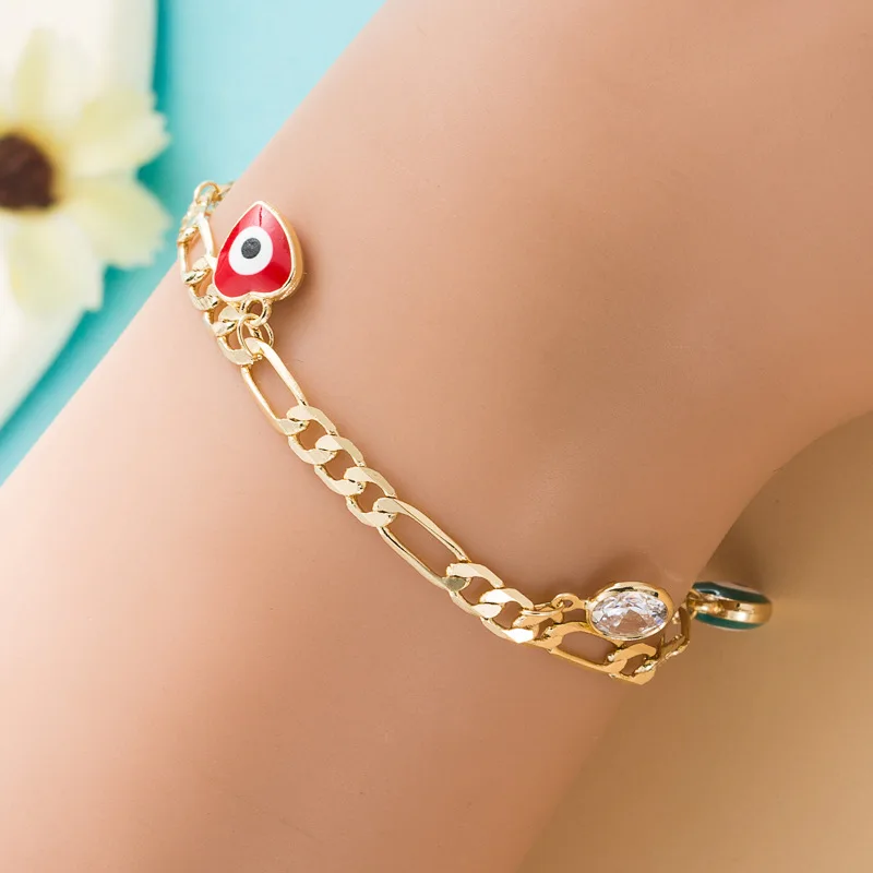 Hot Sale 14K Real Gold Plated Round Devil Eyes Women Bracelets Dripping Oil Love Heart Evil Eyes Figaro Chain Bracelet