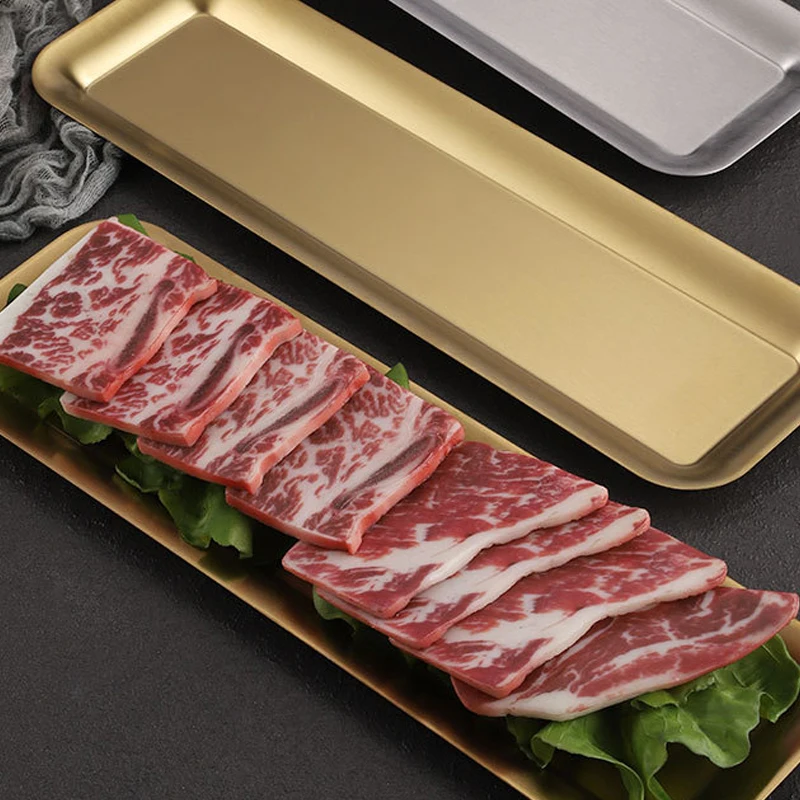 Customized Rectangle Silver Gold Dishes Metal Stainless Steel Service Tray BBQ Roast Plates
