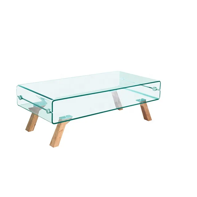 Hot Selling Glass Center Table Wholesale Rectangular Glass Coffee Table Wood Legs