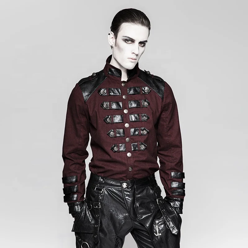 PUNK RAVE Y-753 Germany Soldierly Uniform Stand Collar  Delicate Loops PU Cuffs Men Dark Red Shirts