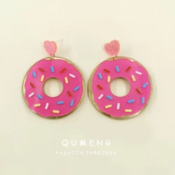 Quality Glitter Heart Hot Pink Donut Mirror Acrylic Drop Earrings Cute Rainbow Girls Jewelry Gift