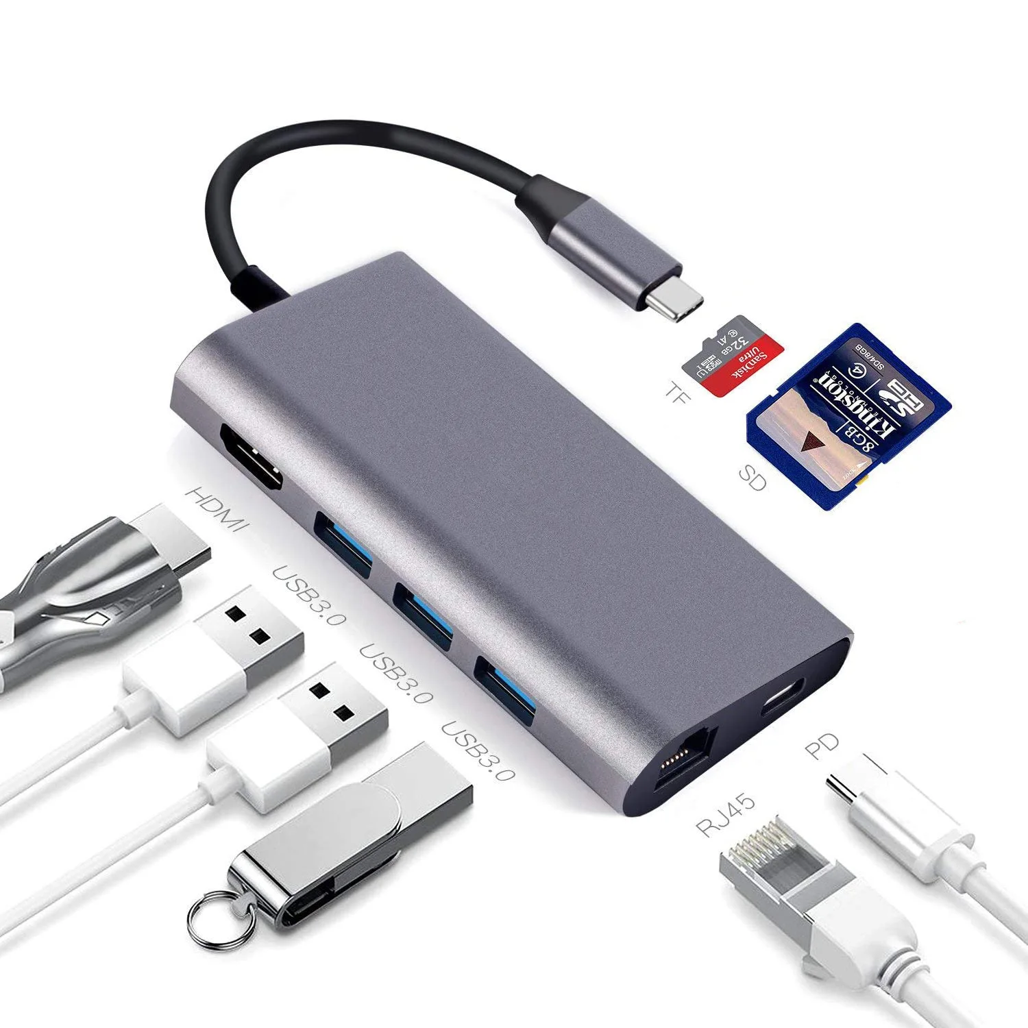 Doonjiey 8 in 1 multi-port Type C to USB3.0 Type C 4k HDTV Gigabit 1000mbps rj45 lan port SD/TF PD adapter 8 in 1 USB  hub