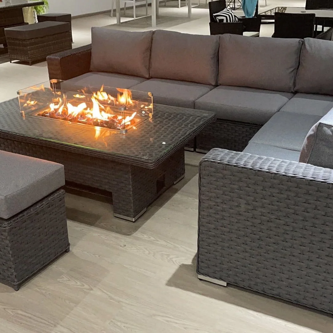 Rattan Garden Corner Sofa Rising Dining Table Set with Fire Pit in Grey or Natural