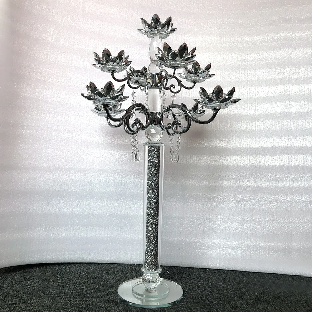Wholesale new design Metal lotus 9arms Tall Silver Crystal Candelabra For Wedding Centerpieces