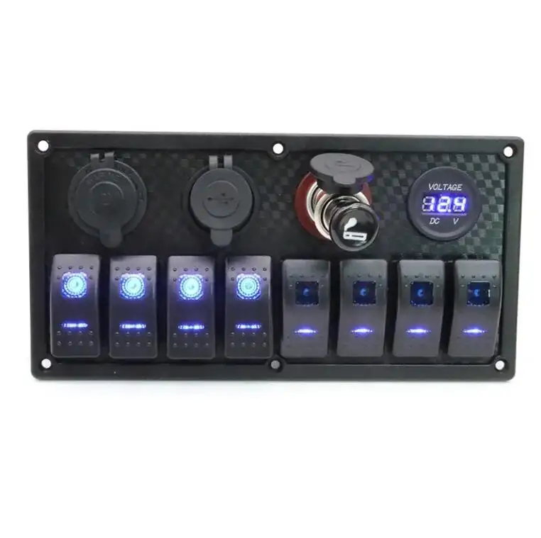 12V 24V 8 Gang 5 Pin LED Voltmeter Dual USB Charger Adapter Cigarette Lighter Socket Car Yacht Marine Boat Rocker Switch Panel