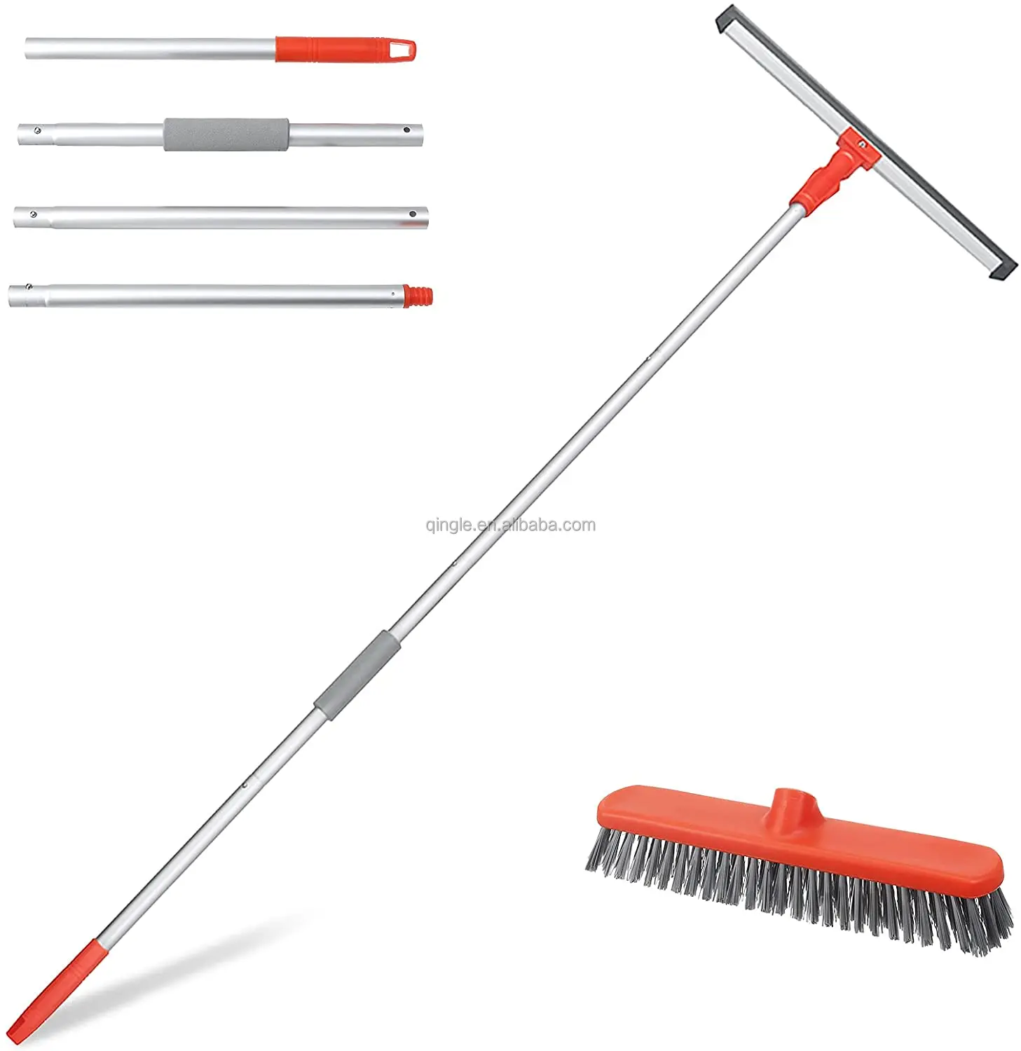 Hot sell on Amazon bathroom tile floor cleaning brush and rubber blade squeegee set with 4 section aluminum handle