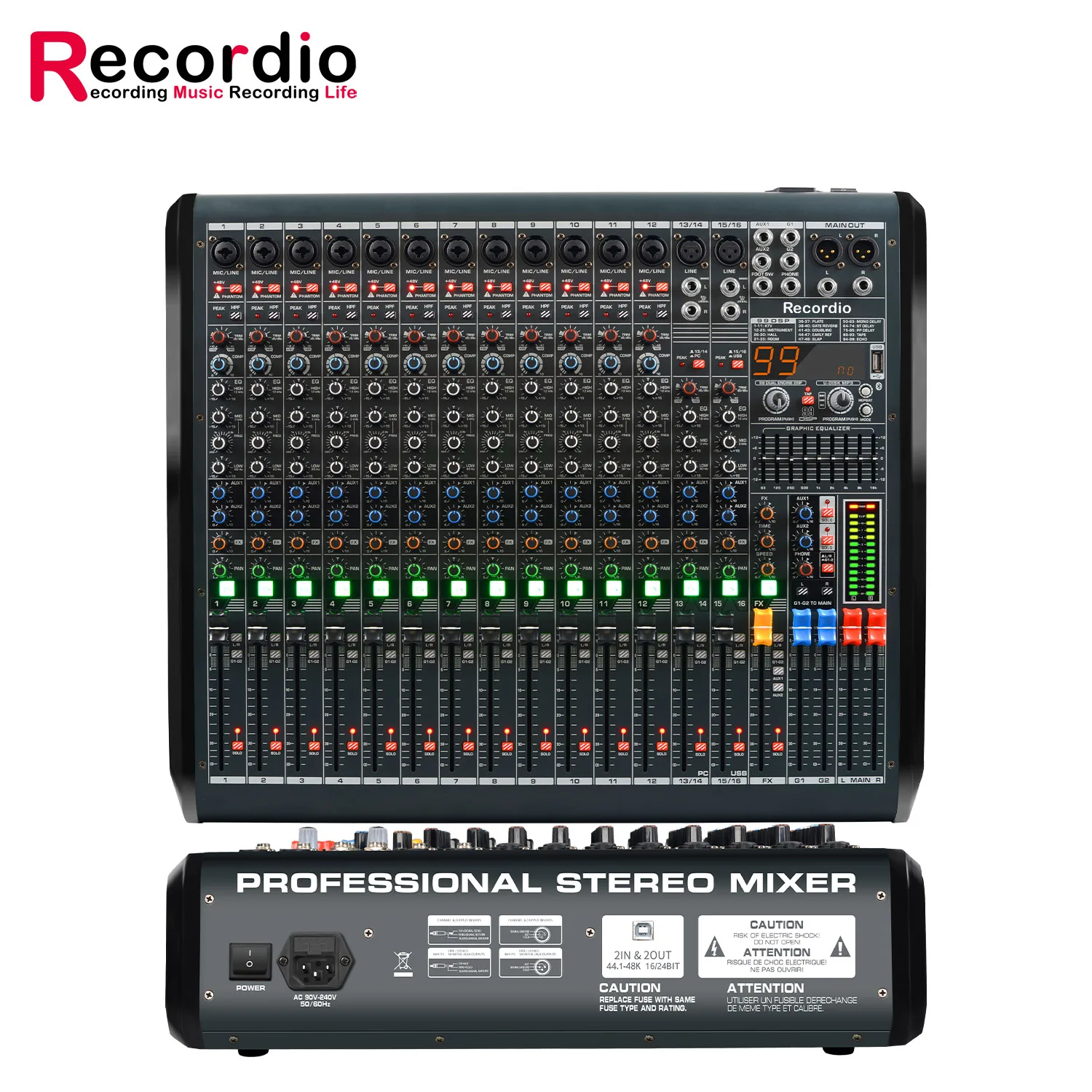 GAX-RWS16 16 Channel Sound Mixer Audio Mixing Console 48V 99DSP Professional USB PC Play Record Podcast Live Broadcast