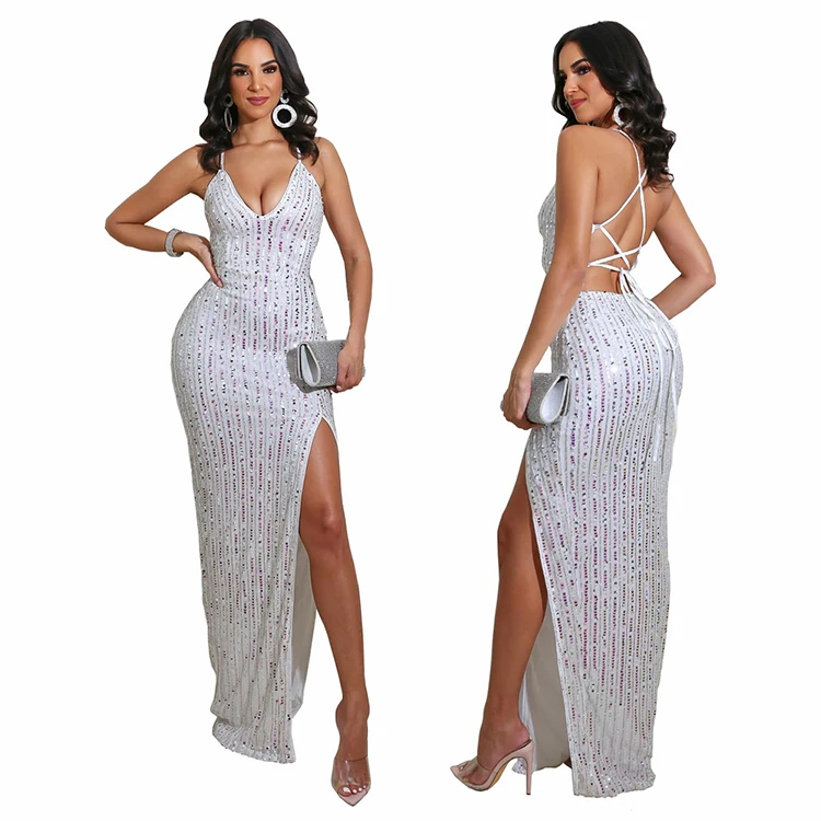 Party club split sleeveless spaghetti strap backless prom gowns for women evening dresses