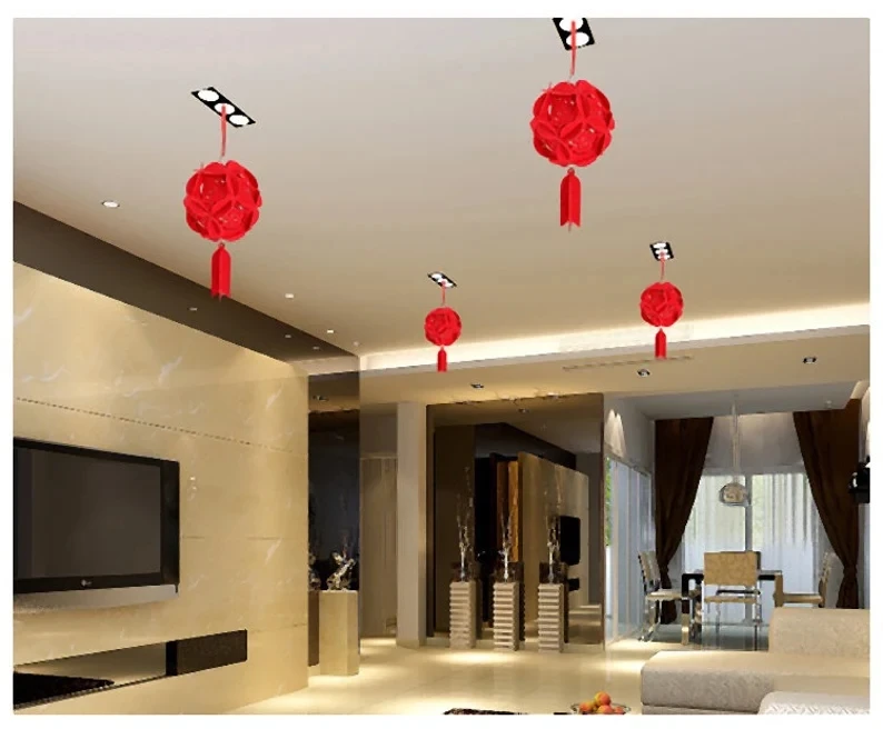 Set of 10 Chinese New Year Wedding Felt Embroidered Ball Red Lantern Wedding Decoration