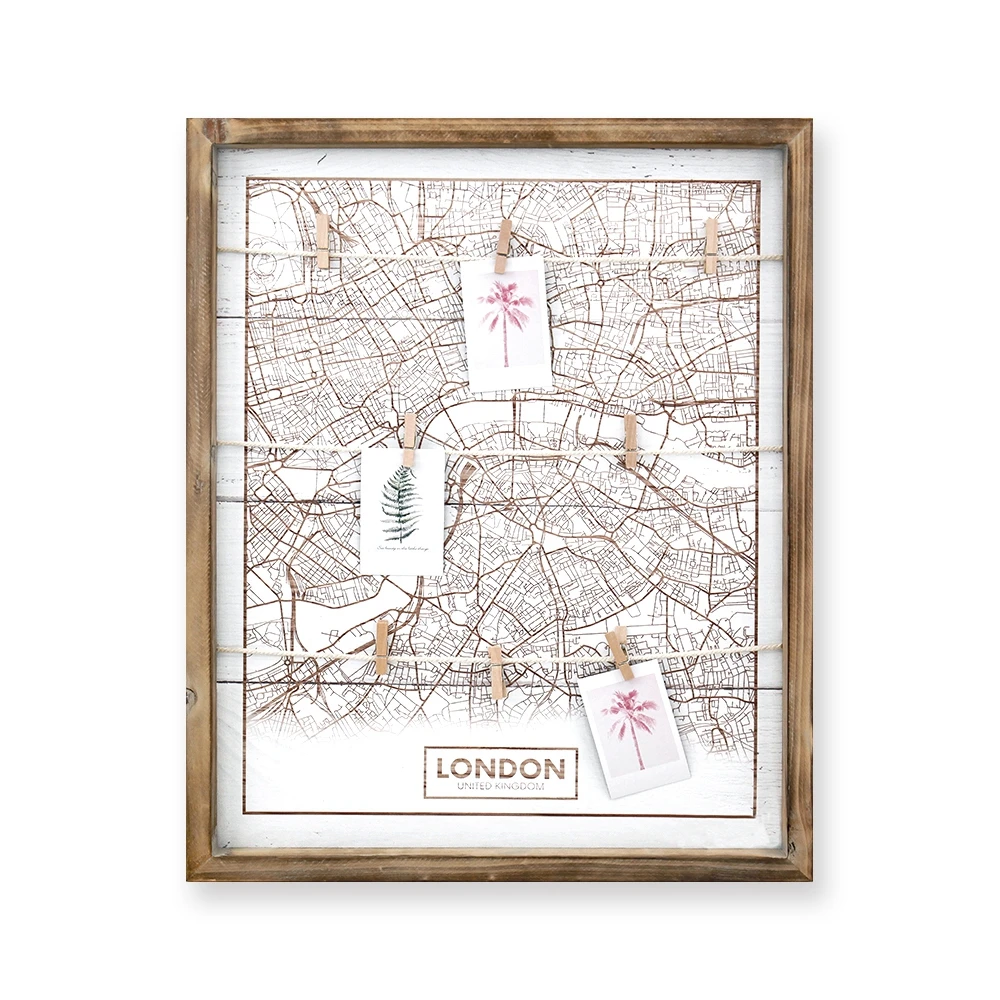 Verified Xingcheng Hot Wholesale Wall Mount Rustic Wood Clip Photo Holder New York Map Collage Frame Wooden Hanging Photo Board