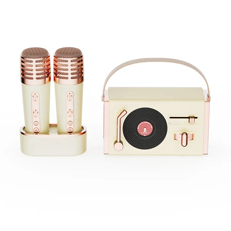 Portable Wireless BT Speaker Retro Style with 2 Microphones for Kids Adults Home Party Outdoor Karaoke Speaker