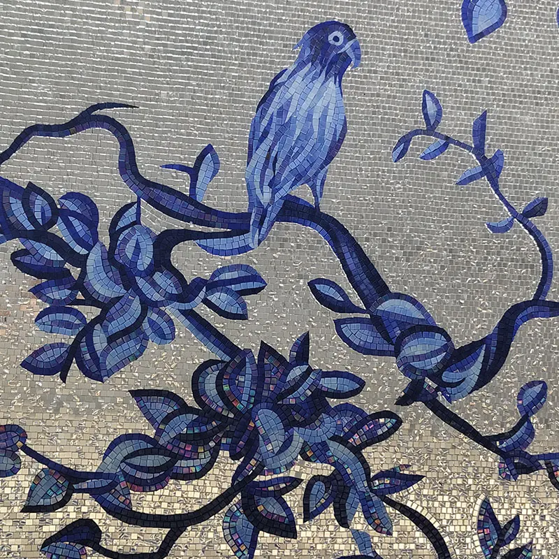 Elegant Hand Cutting Classic chinoiserie Blue Flower and Birds Pattern Art Glass Mural Mosaic Decorative Wall Tiles