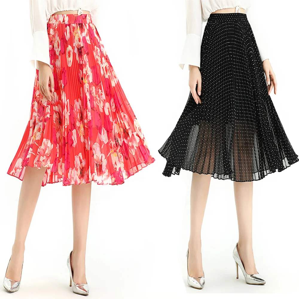 S076A custom low moq odm oem Fall High Quality Fashion New Print Chiffon Sunray Pleat Casual Skirt factory for Girl Women