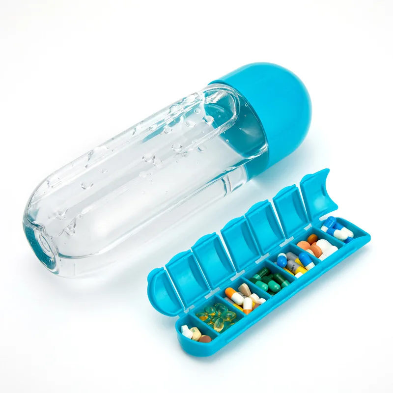 NB-BLUESKY Water Bottle with Pillbox Plastic Drink Bottle with Travel 7 Days Drug Organizer 2 in 1 Pill Box Water Bottle