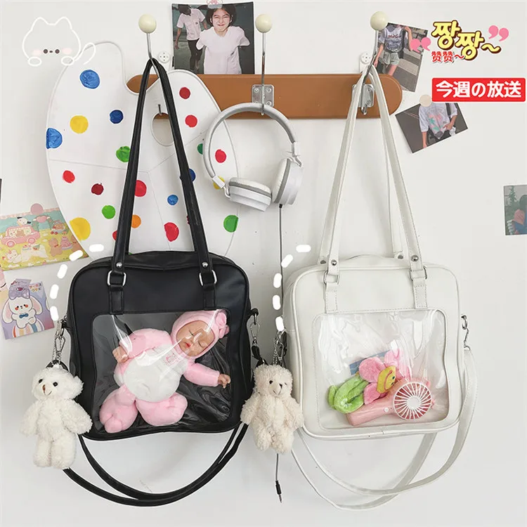 Cute transparent pvc clear window custom ita bag manufacturer supplies side bag tote bear pu itabag japanese style