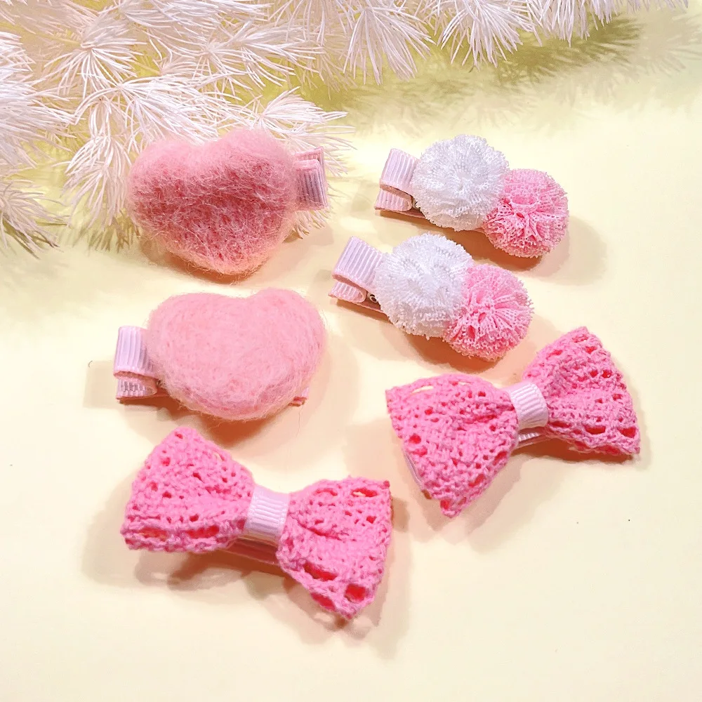 Pink hollowed-out hair bow clip plush heart fringe ball fully lined fabric clip hair accessories