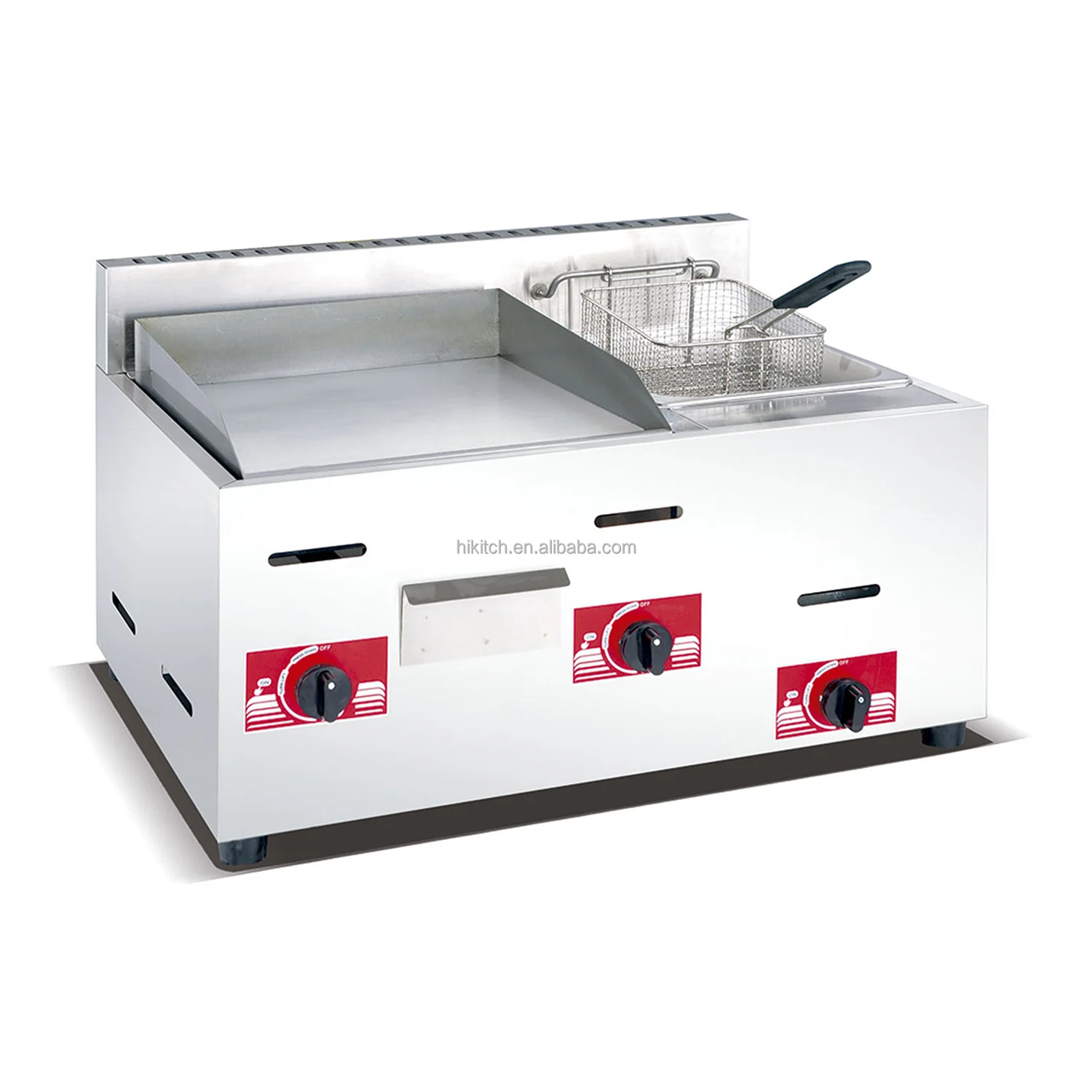 Commercial restaurant gas flat plate griddle with deep fryer single tank 6 potato chips frying combined cooker