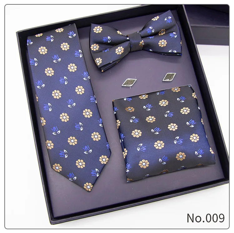Custom classic formal 100% polyester cufflinks neck tie handkerchief and bow tie gift box set for men