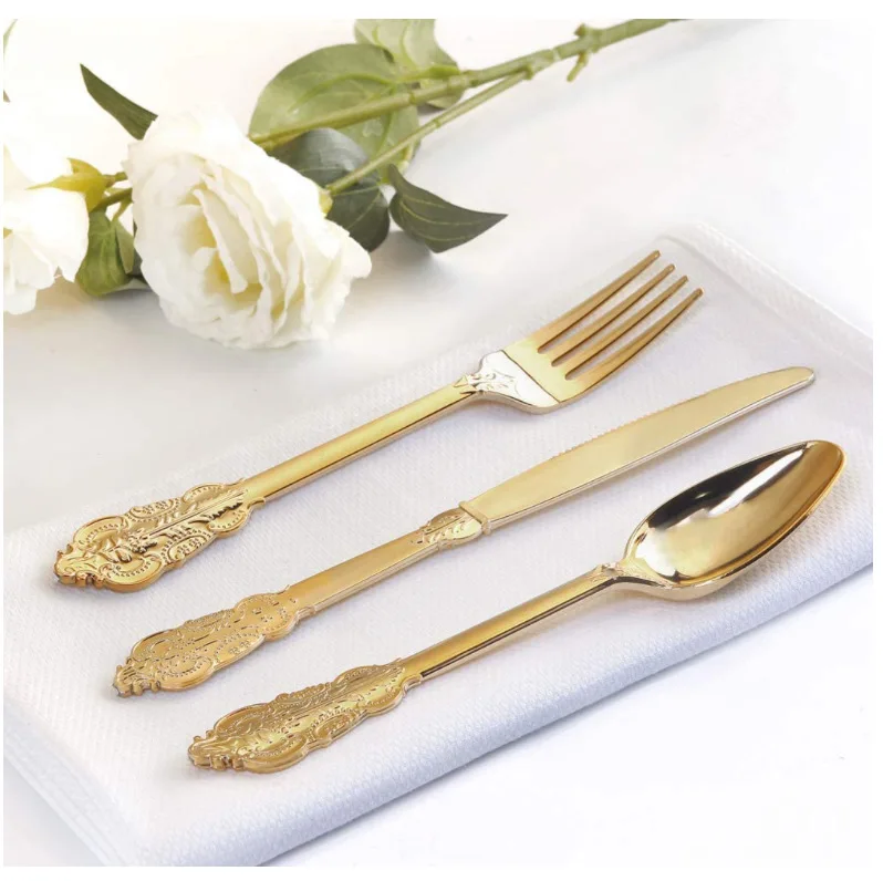 Disposable Plastic Gold Rose Gold Dessert Cake Crown Spoons Fork Knife Flatware Utensils Set for Party Wedding or Daily Using