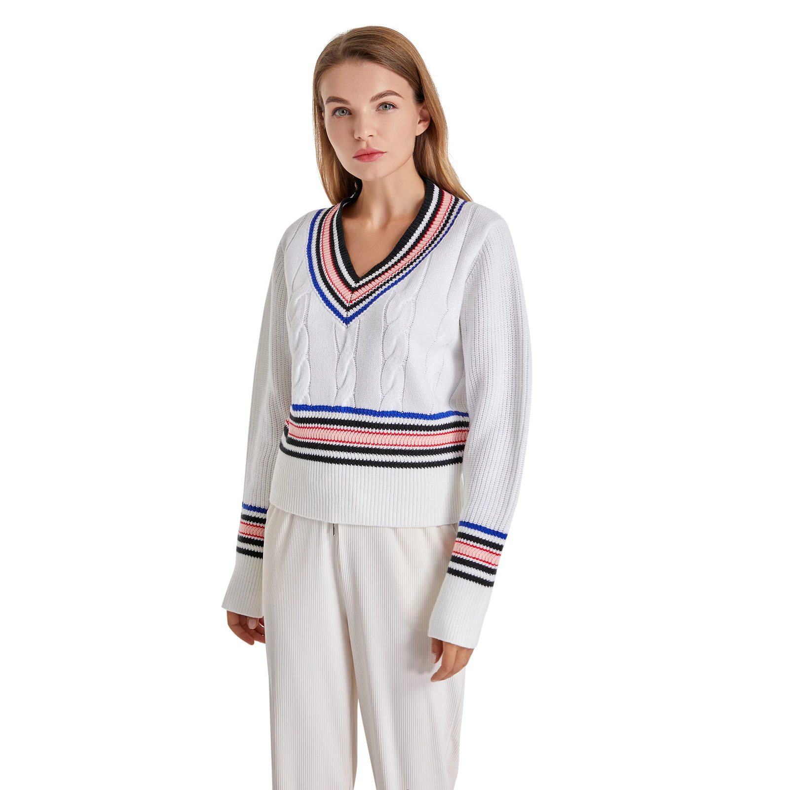Женский вязаный свитер в консервативном стиле с v-образным вырезом и длинными рукавами в цветную полоску