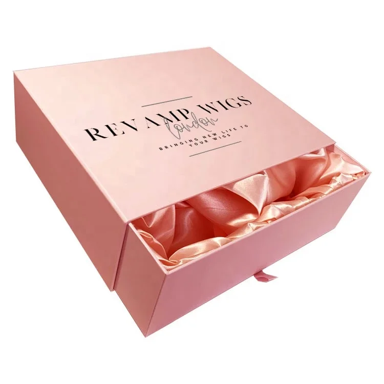 High Quality Pink Rectangle Sliding Wig Box With Satin Insert