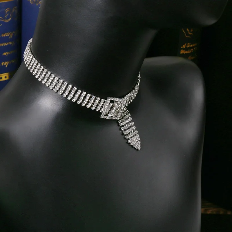 New Trendy Punk Hips Hops Diamond Belt Necklace Women Shining Choker Necklace