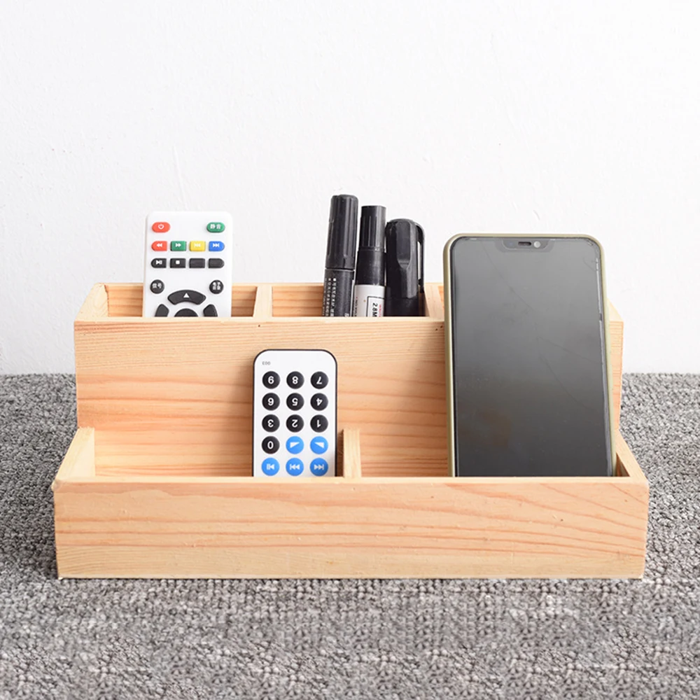 New product natural color solid pine 5 compartment wood pen remote control  phone desktop storage box