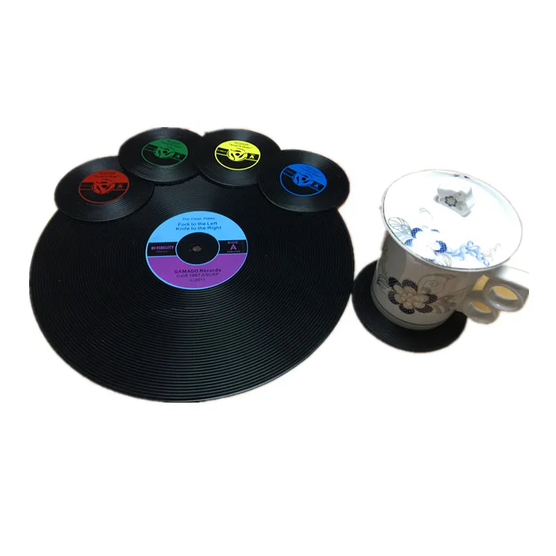 6-Piece set of vintage PVC coasters for beverage protection desktop silicone slip ring vinyl recording color round disc Coasters