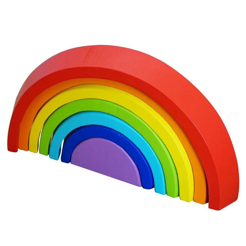 Wooden Rainbow Stacker Nesting Puzzle Blocks Tunnel Stacking Games Building Creative Color Shape  Development Toy for Boy Girl