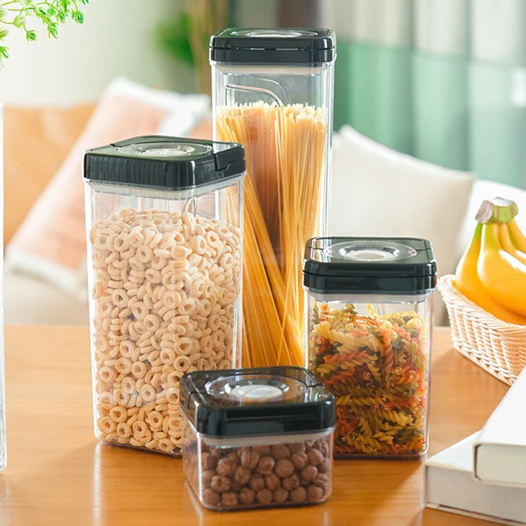 transparent plastic empty airtight sealed food container storage set stackable square jar with date indicator