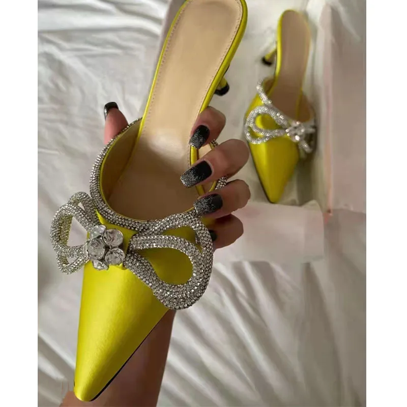 Pumps Shoes Diamond Rhinestone Fashion Sexy Big Bow Kitten Heels for Women Green and Silver Sandal Heels Elegant Heels PU 1 Pair