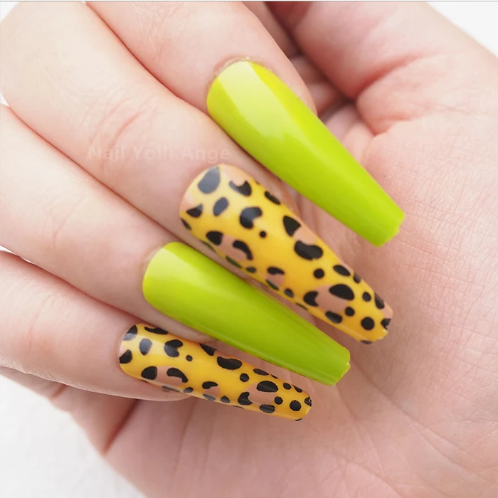 Neon Green Leopard Long Coffin Press On Nails 24 Pc Nail Set - Ready To Ship - Gift For Her