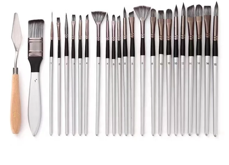 24pcs professional nylon hair wooden handle watercolor gouache oil painting brush pen with canvas bag