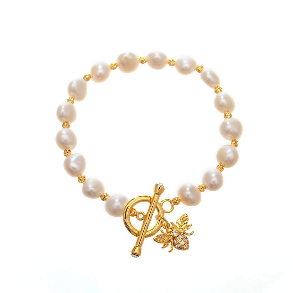 
18k gold plated chain design bijoux boutique bee pendant fresh water pearl bracelet for women 