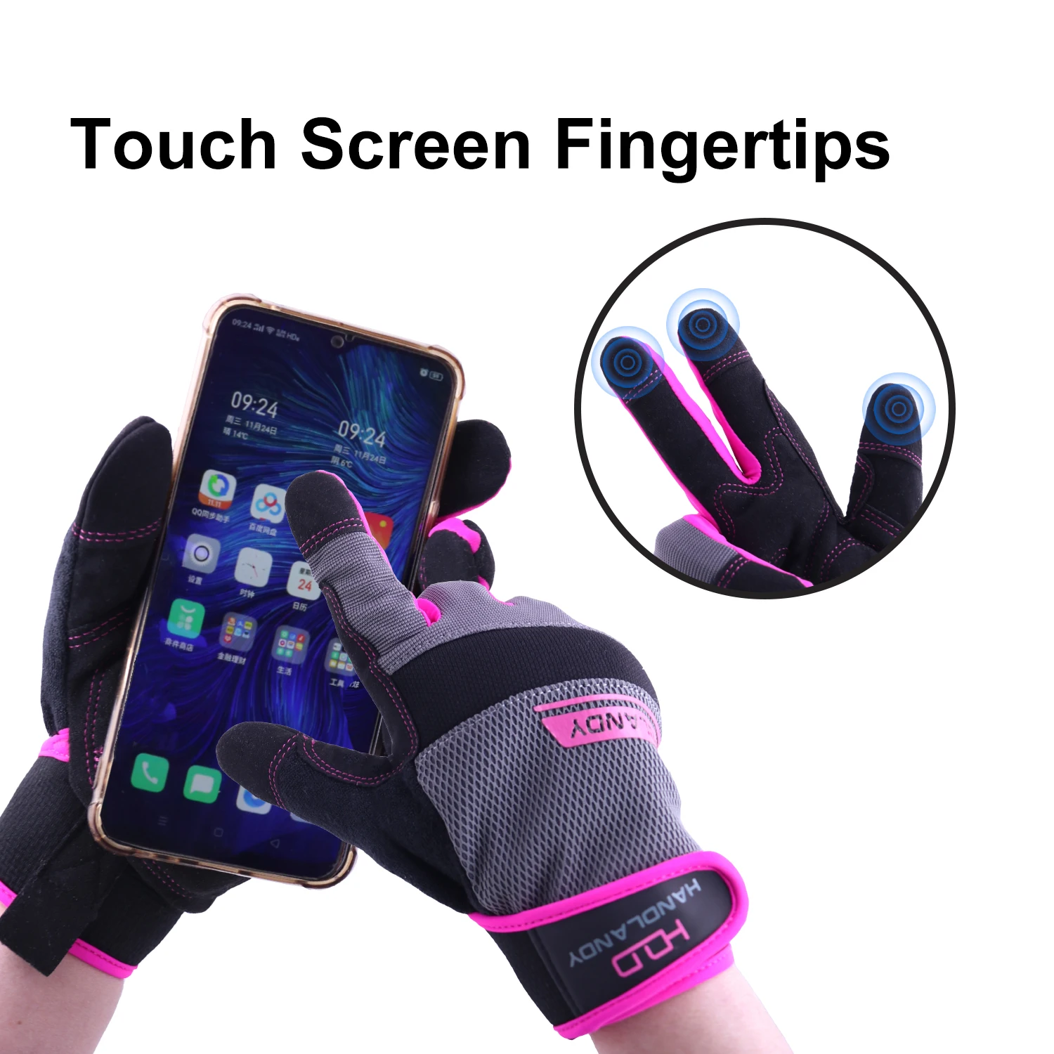 HANDLANDY Factory wholesale pink synthetic leather anti-silp anti-Vibration Touch Screen Mechanic safety Work Gloves for woman